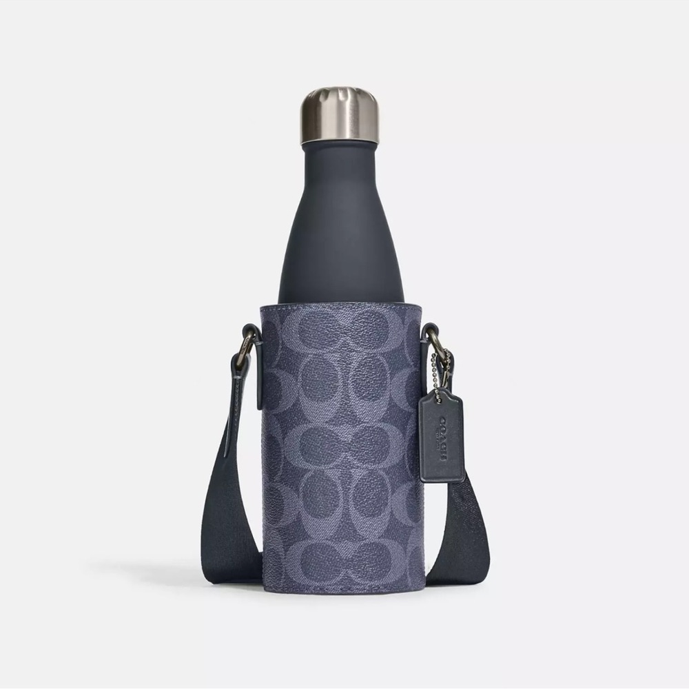 Coach Signature Canvas Water Bottle Holder Denim Navy/Gun Metal Brand New